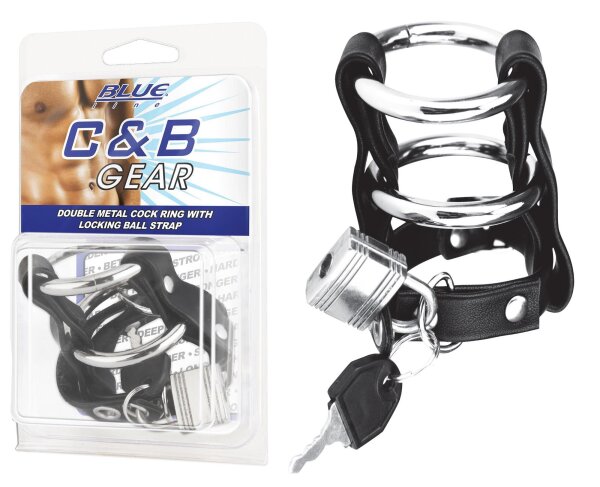 BLUE LINE C&B GEAR Double Metal Cock Ring With Locking Ball Strap